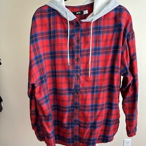 BDG Red and Blue Checkered Hooded Shirt